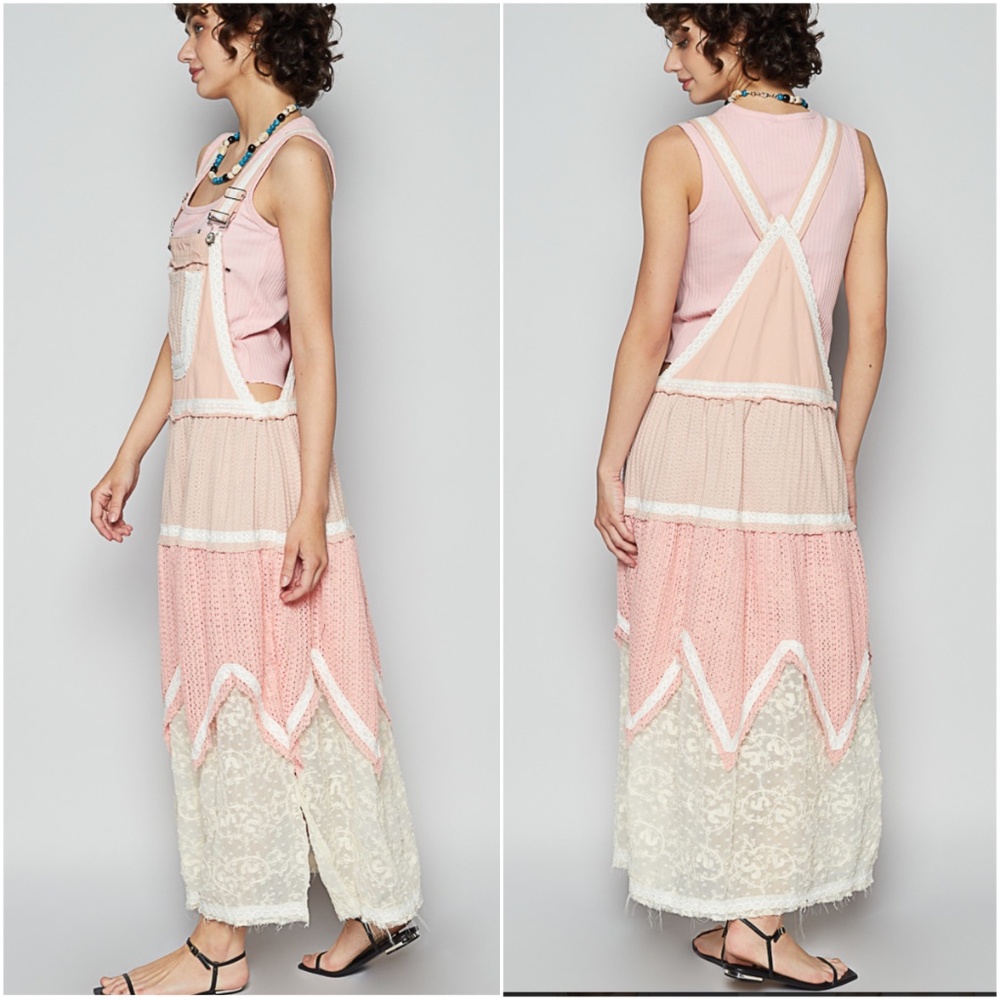POL Color Block Adjustable Straps Pockets Lace Denim overall Dress - Picture 3 of 3